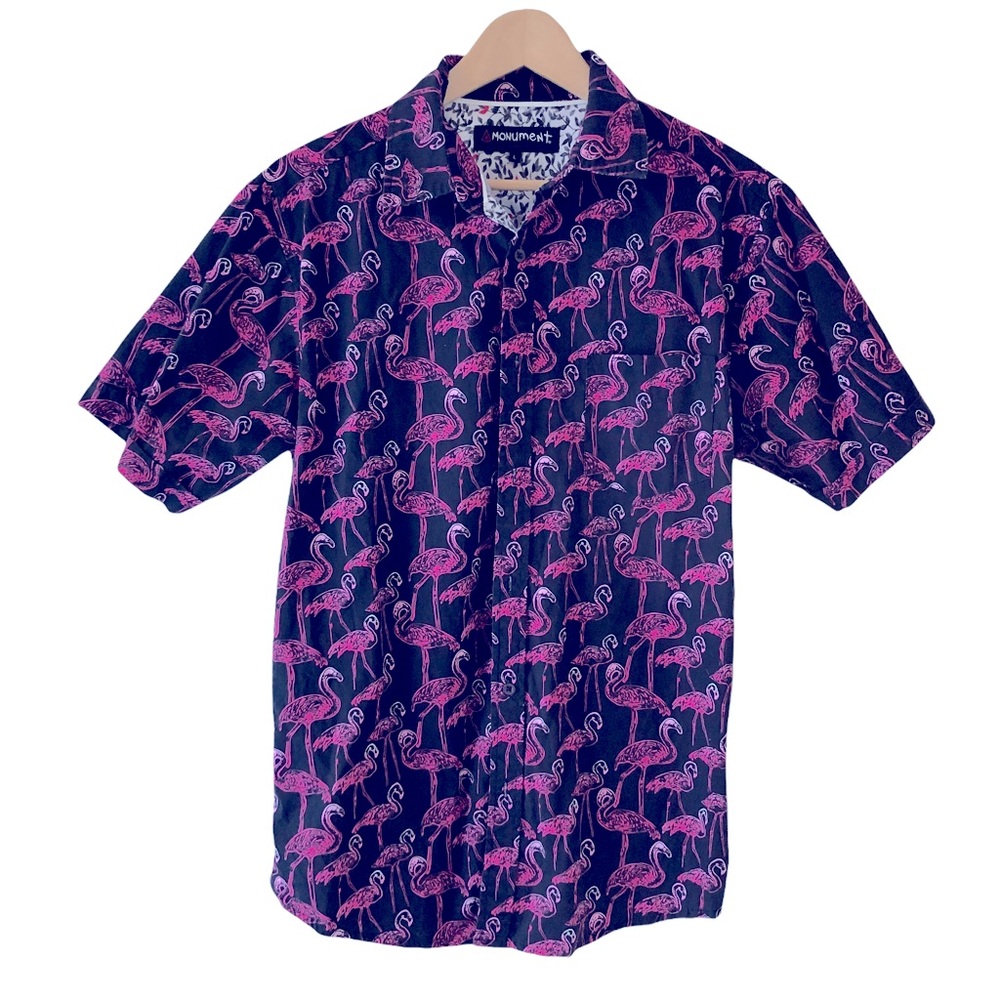 Monument Clothing Co Men's Sz Large Black Pink Flamingo Miami SS Button Shirt